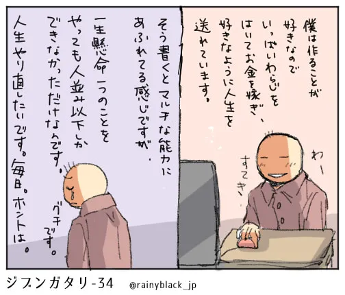 仕事の葛藤を語る男性キャラの独白シーン