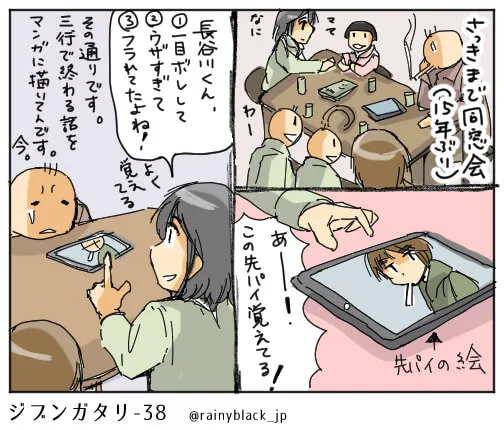 同窓会でタブレットの先輩の絵を話す人物たち