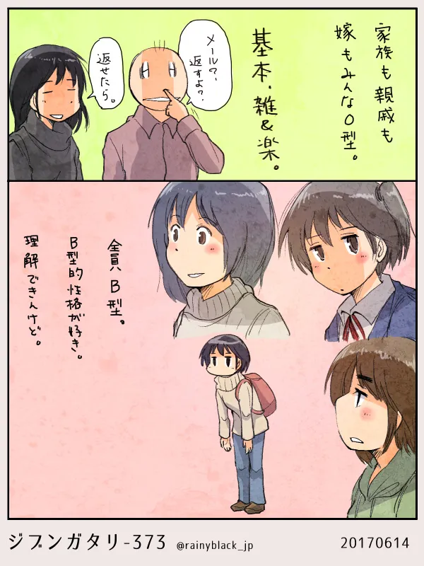 家族や友人の血液型について語る人々の漫画