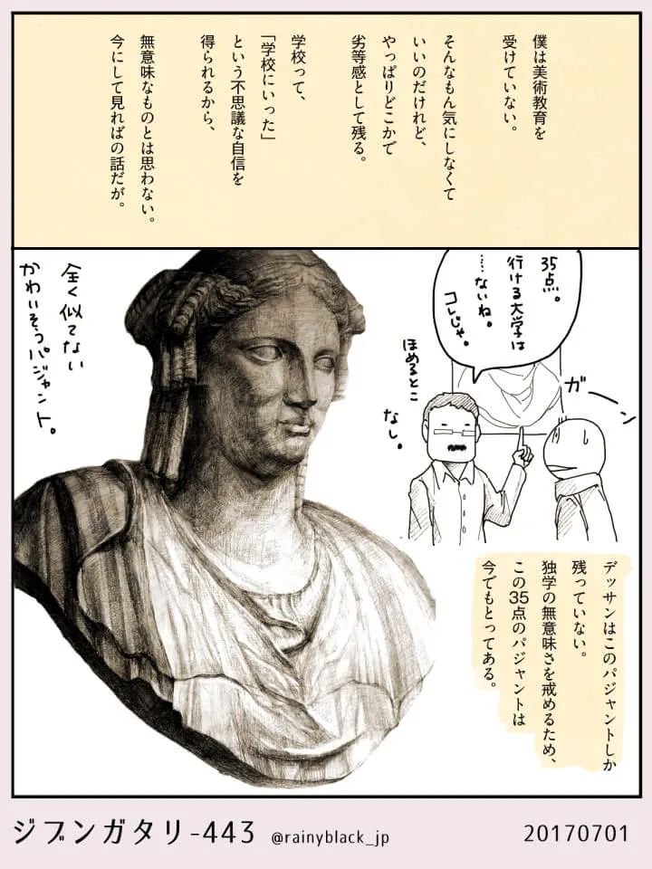 パジャントのデッサンと落ち込む男性の漫画