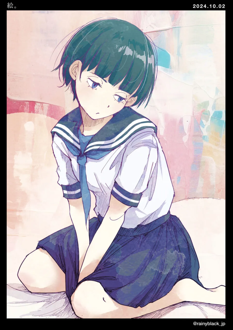 セーラー服の少女が物憂げに座っている