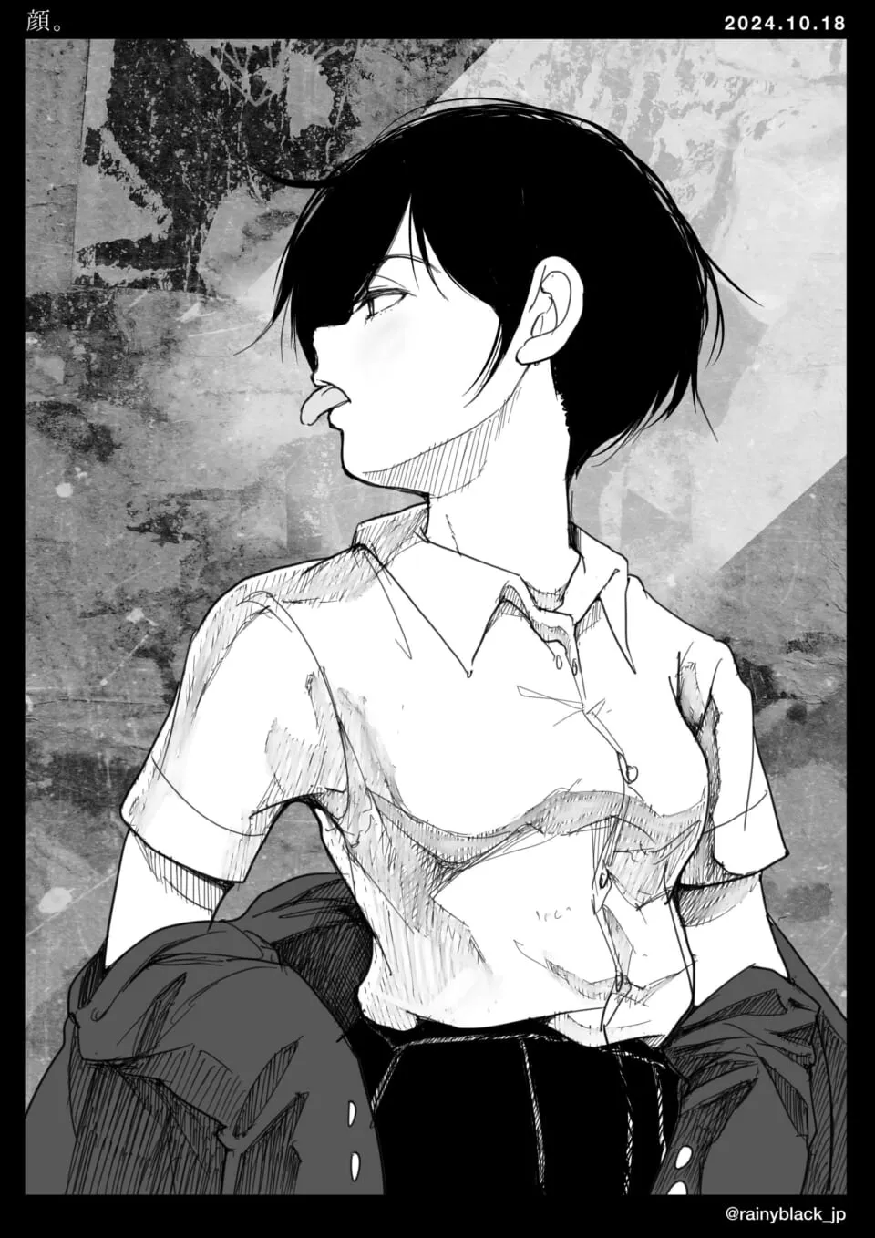 無表情で横を向き舌を出す黒髪の人物