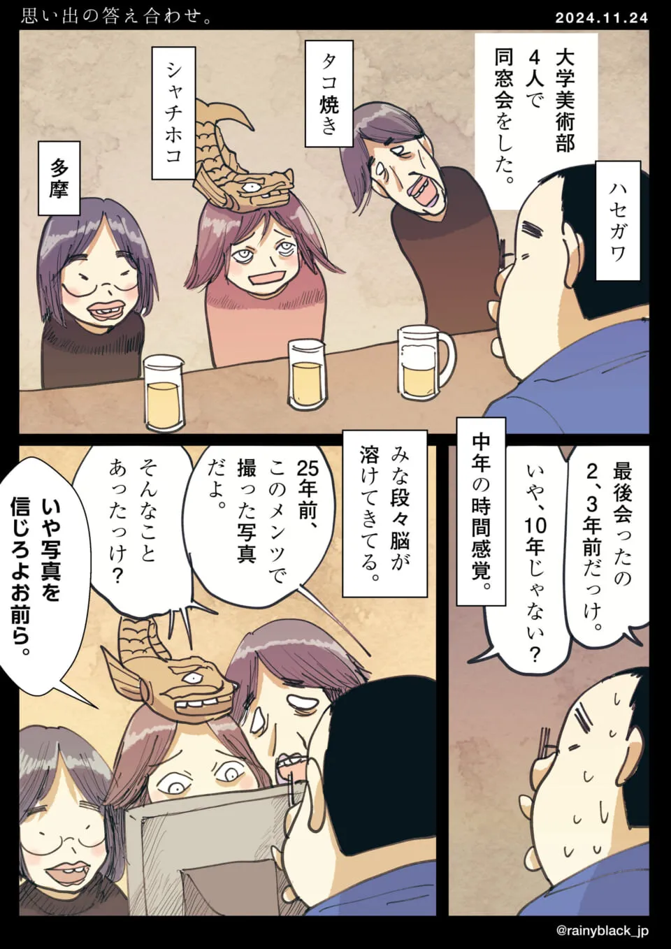 大学美術部の四人が飲みながら昔の写真を見ている