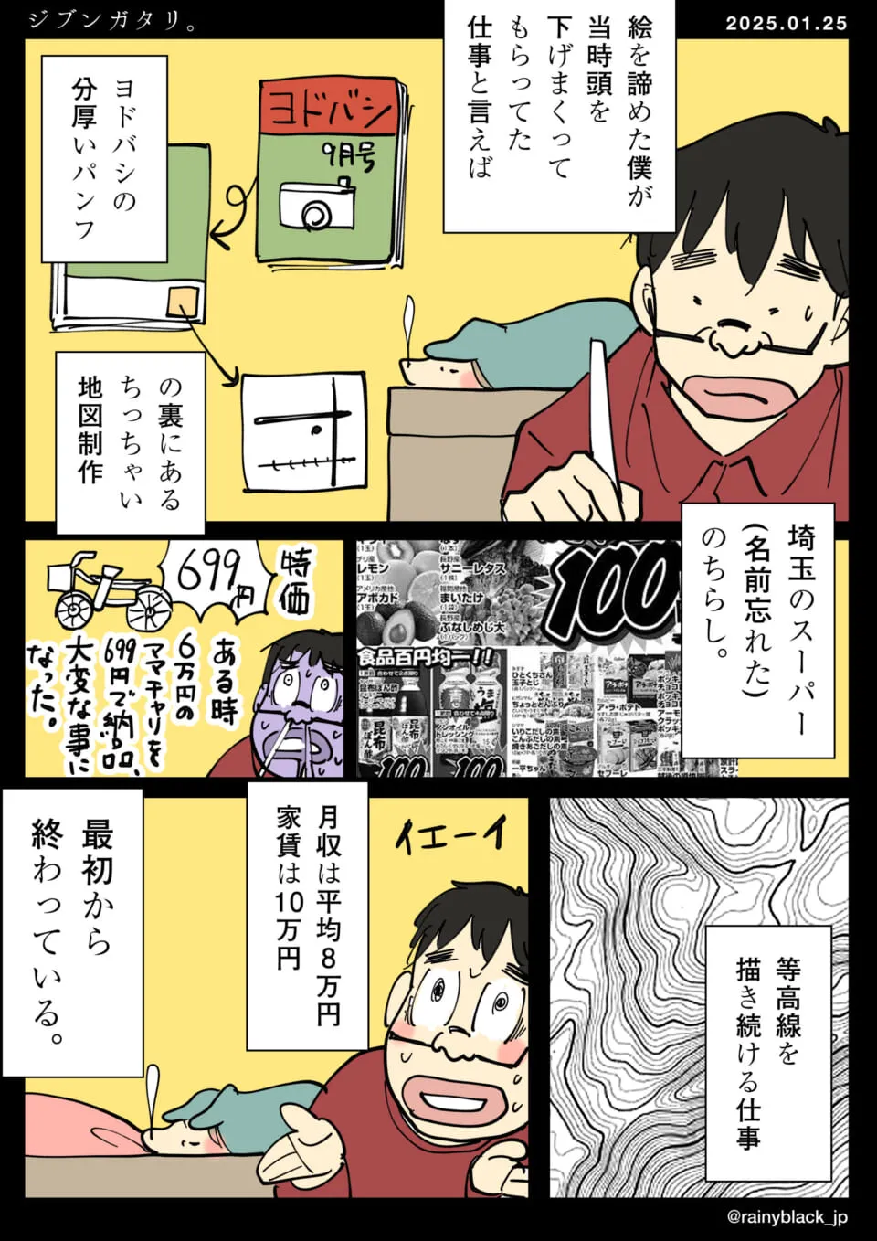 等高線を描く仕事に苦労する男性とパンフ地図