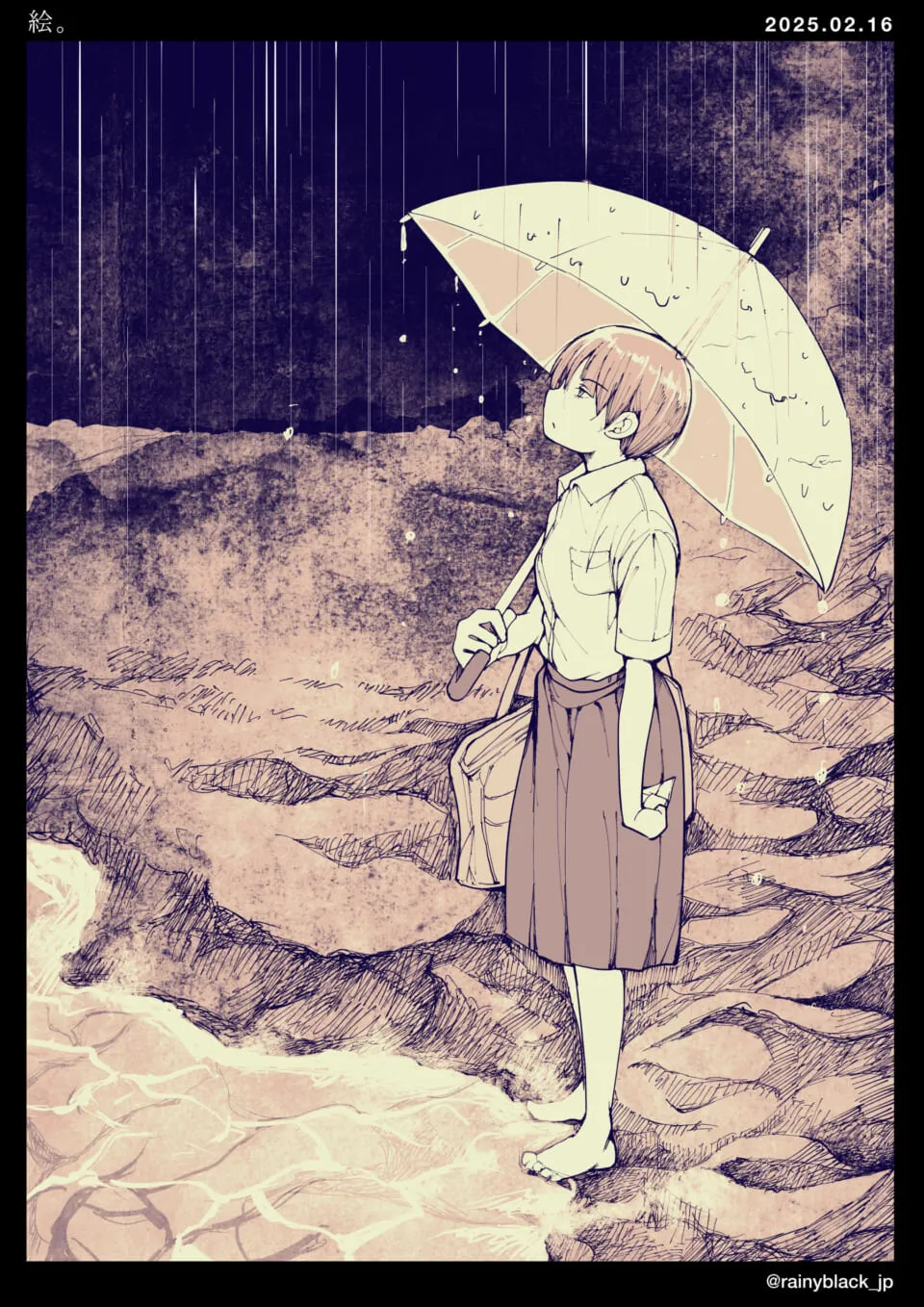雨の中で傘をさし素足の少女が水辺に立つ