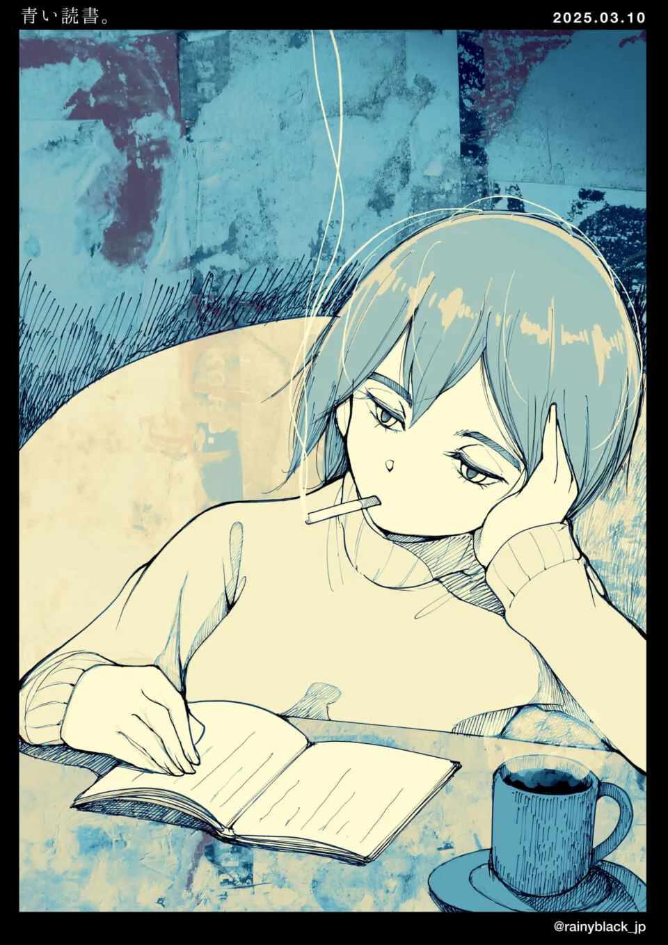 青髪の人物が机で本を読み考えている
