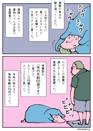 梨を食べる人物と体重計に乗る男性