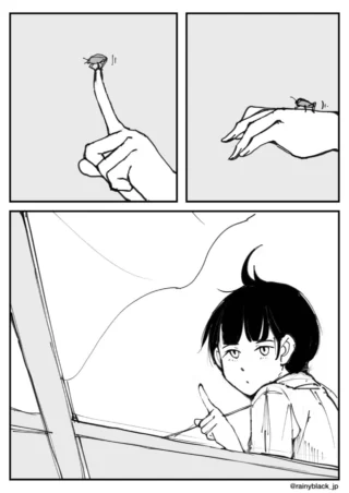 指先に虫を乗せてこちらを見る子供