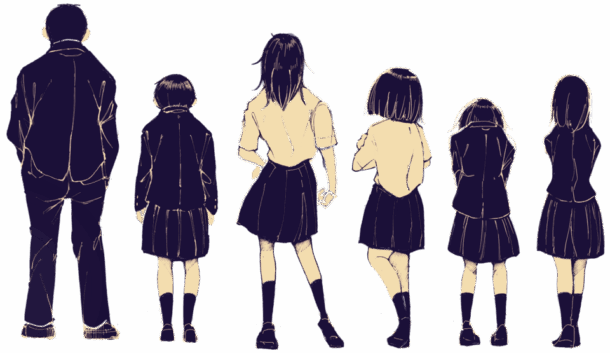 後ろ向きの制服の人物たち。