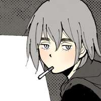 灰色髪のアニメキャラがタバコ。