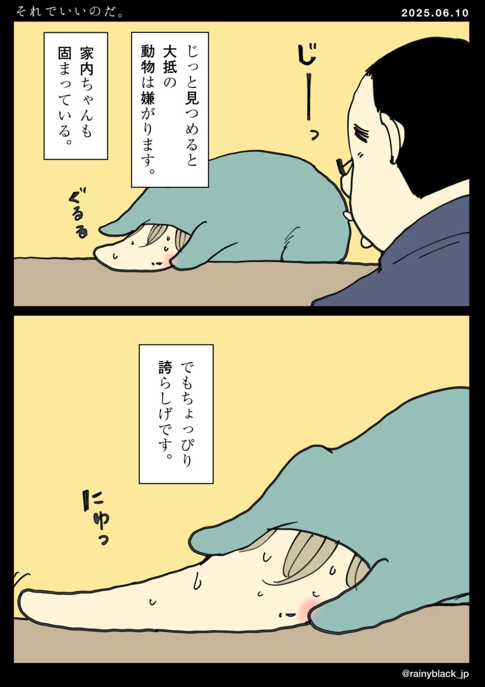 じっと見つめられる家内。