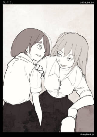 二人の学生が会話している。