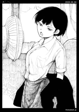 扇風機の前に立つ女性キャラ