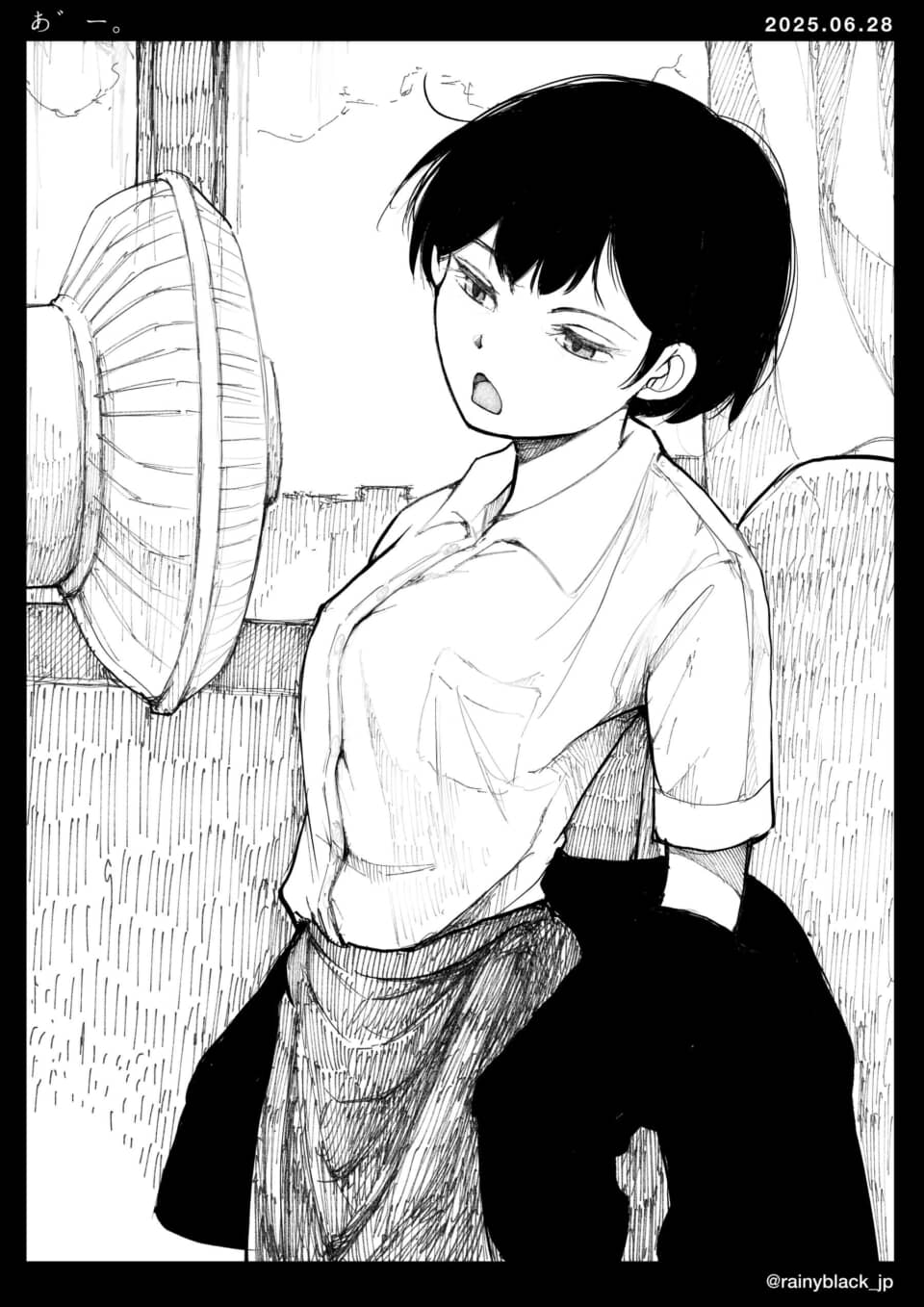 扇風機の前に立つ女性キャラ