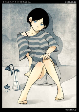 女性と枯れた花のイラスト。