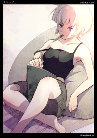 スケッチする女性のイラスト。