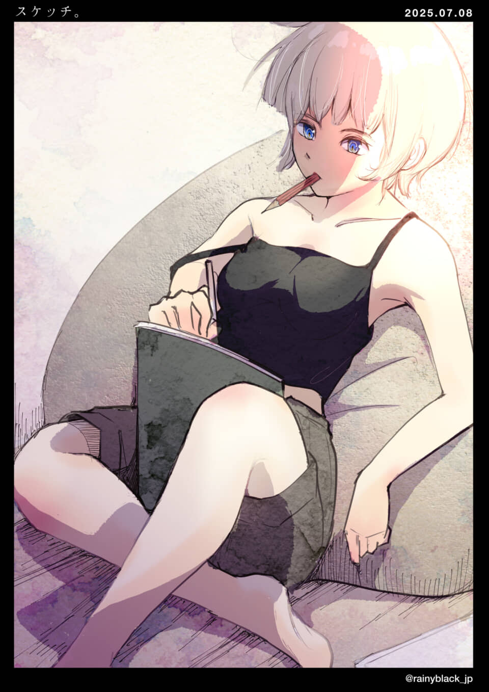スケッチする女性のイラスト。