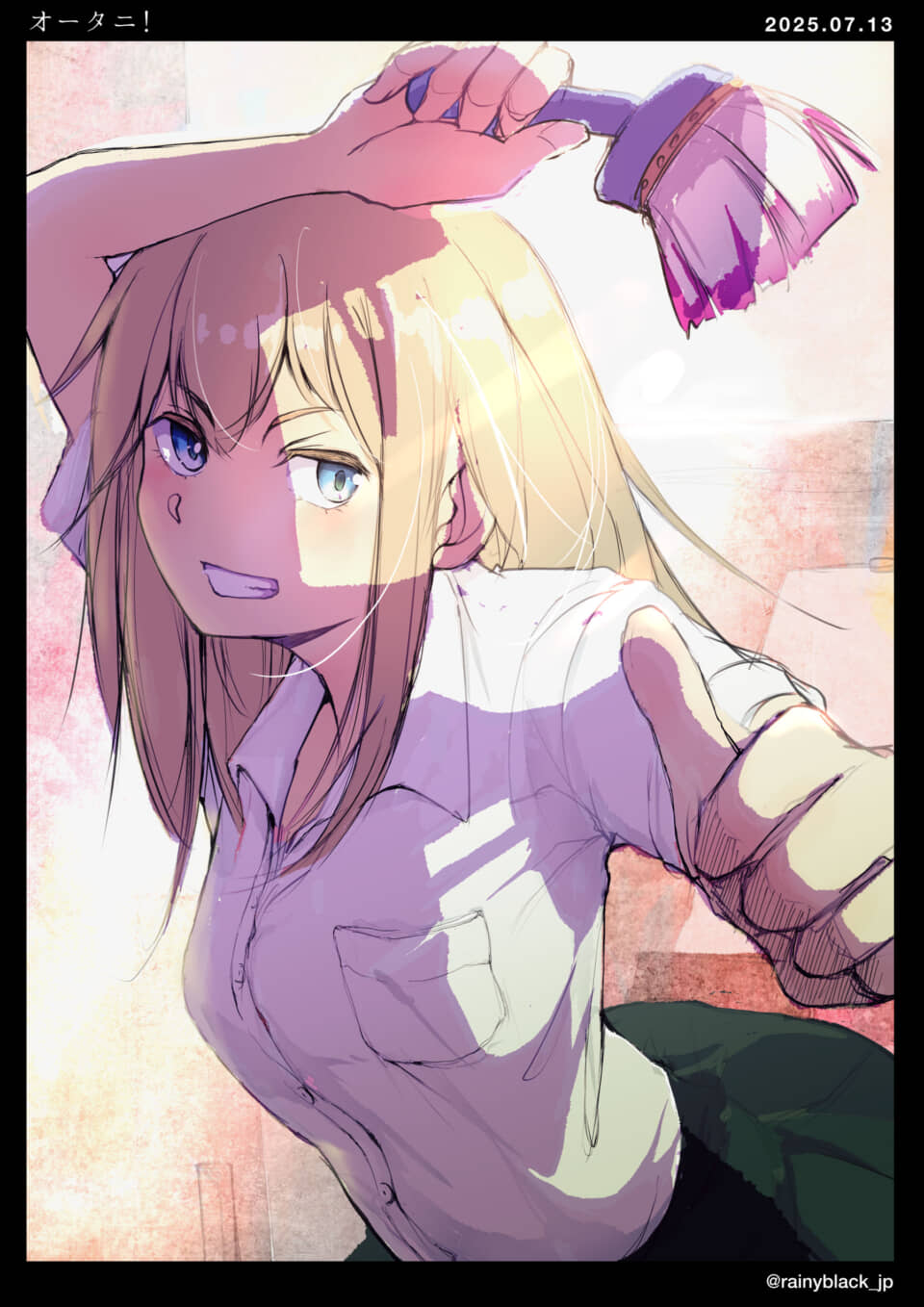 笑顔の少女が筆を持つイラスト。