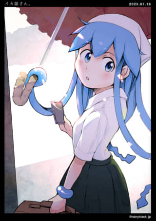 青髪のキャラクターが振り返る