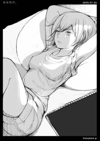 ソファでくつろぐ少女のイラスト。