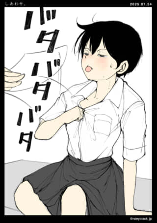 汗を拭く制服姿の女性。