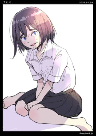 座っている汗をかいた少女。
