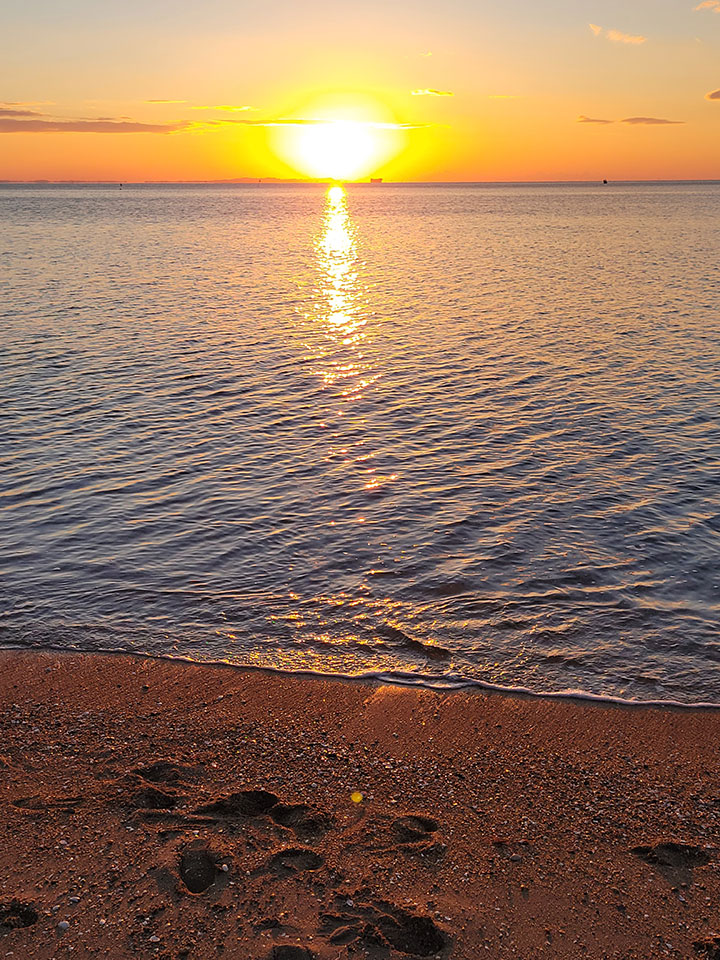 夕日が輝く海と砂浜