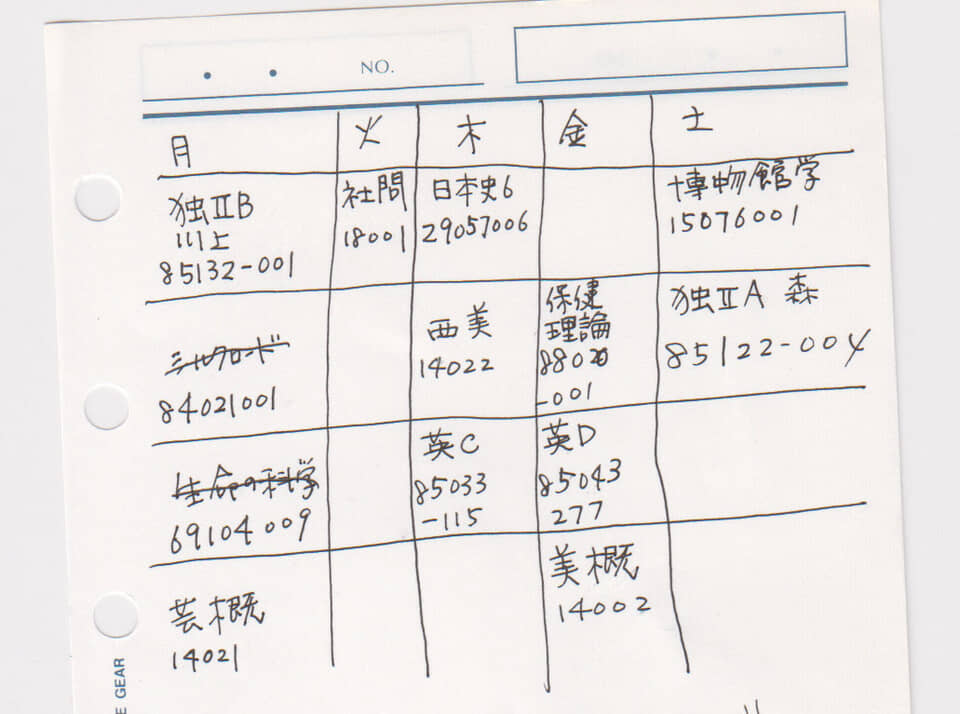 手書きの時間割表。