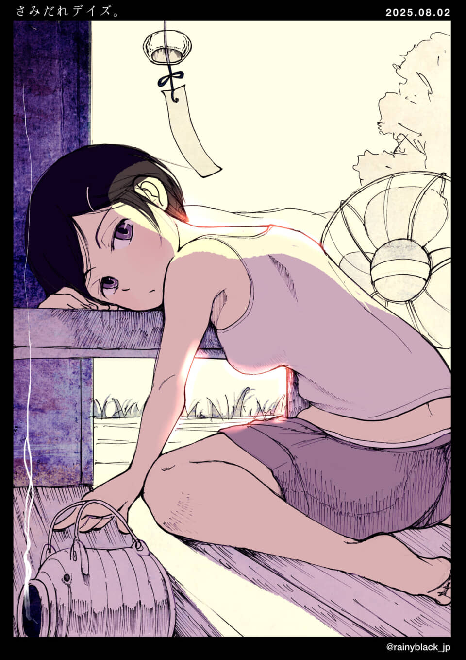 縁側で涼む少女と風鈴。