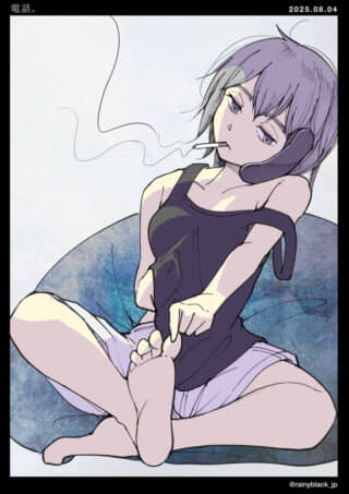 女性が電話しながら喫煙中。