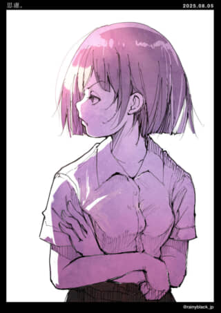 少女の横顔、紫の髪で考える姿。