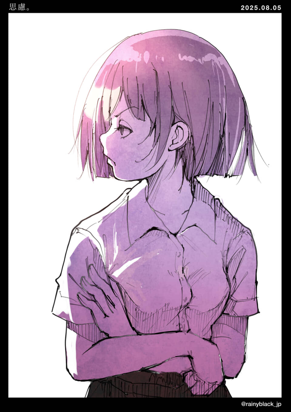 少女の横顔、紫の髪で考える姿。