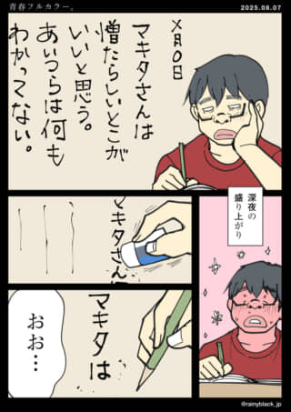 深夜、反省日記を書く青年。