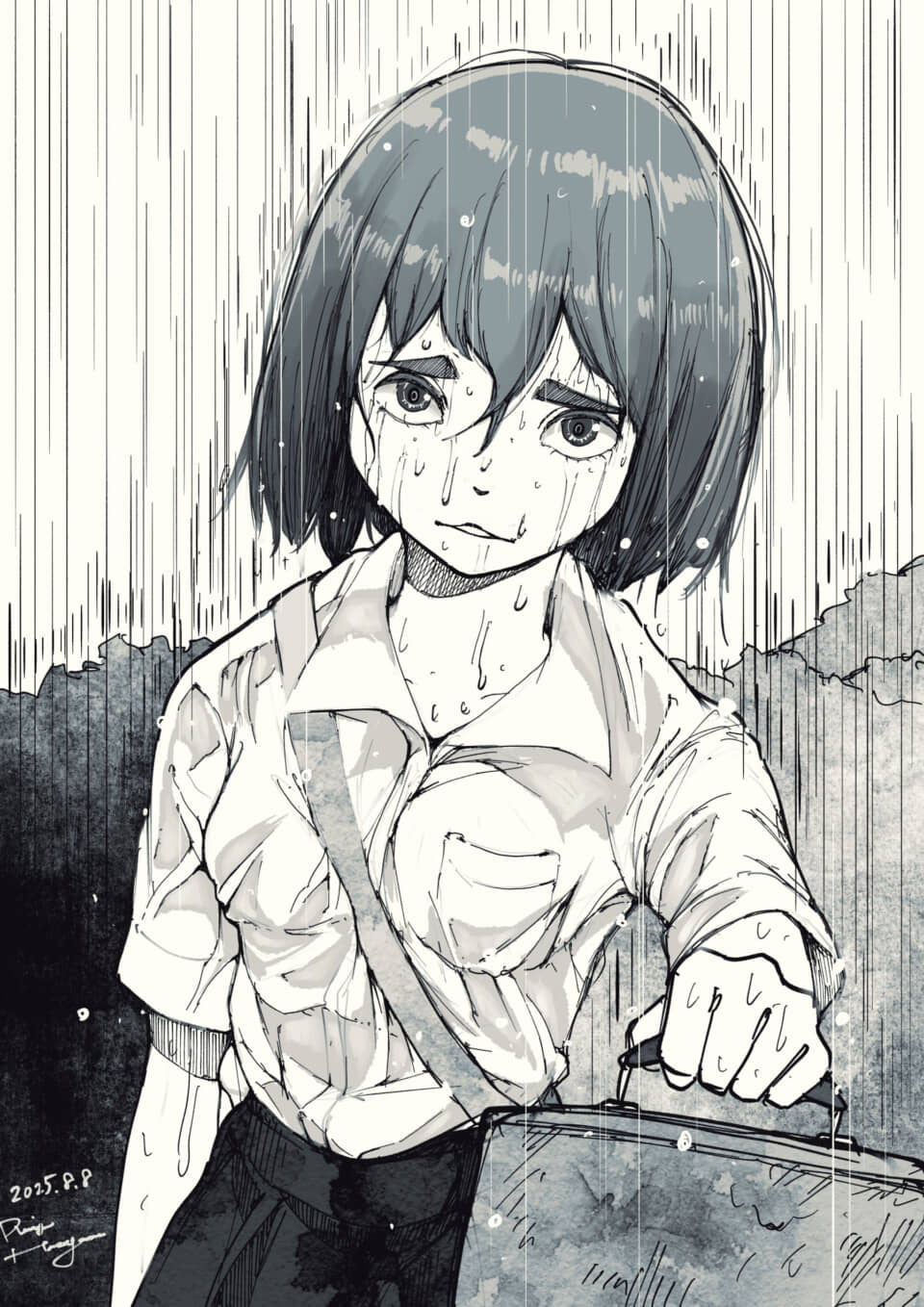 雨の中で佇む少女のイラスト。
