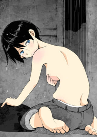 黒髪の人物が上半身裸で後ろを向く。