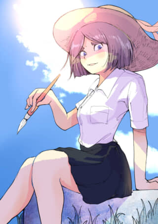 帽子の少女が絵を描く。
