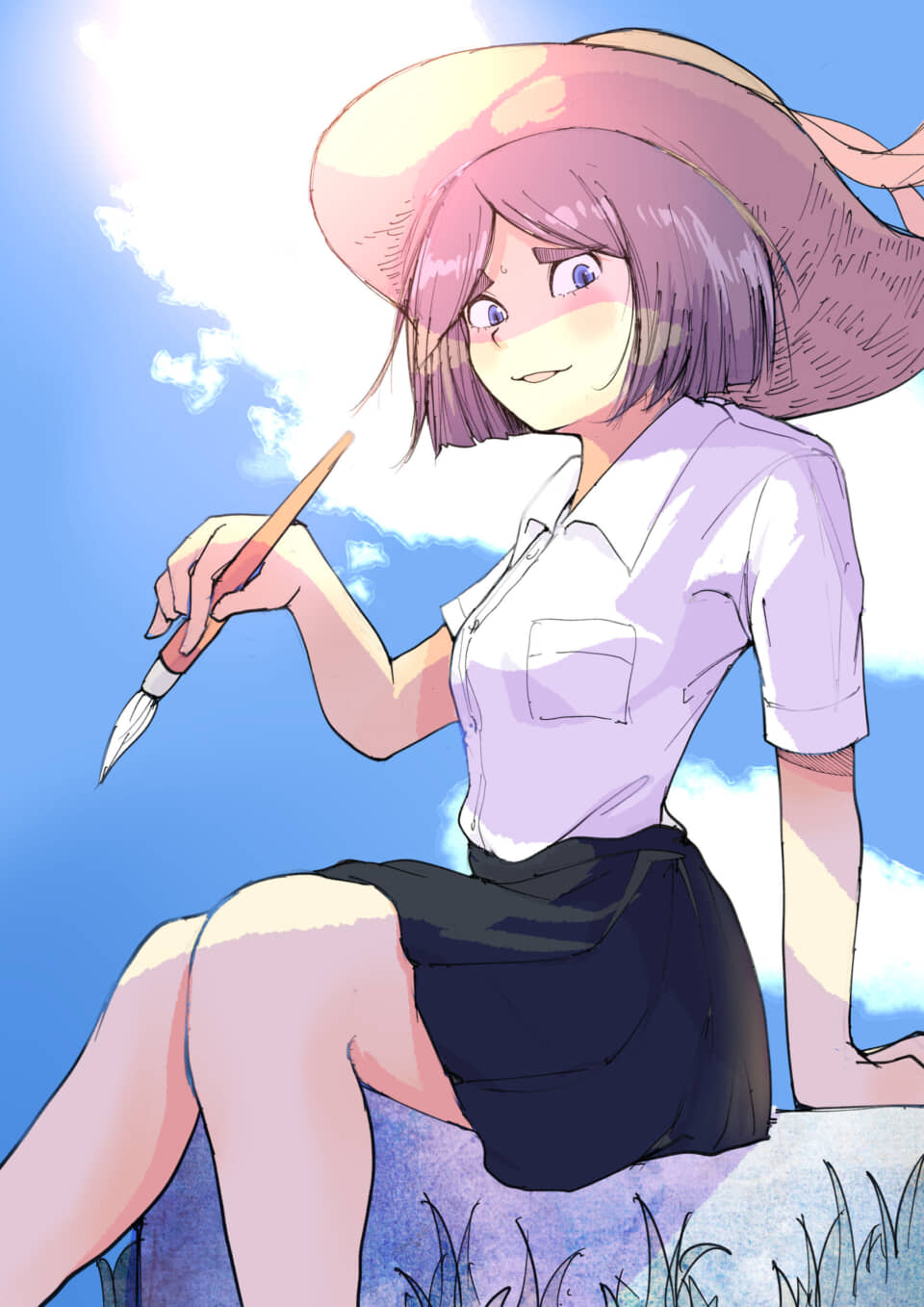 帽子の少女が絵を描く。
