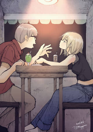 テーブルで会話する男女イラスト