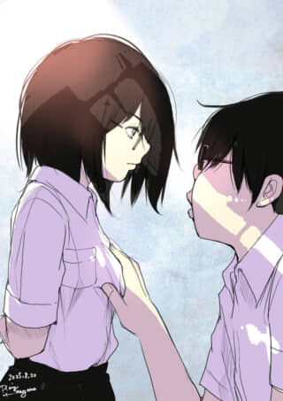 二人の学生が向かい合う場面。