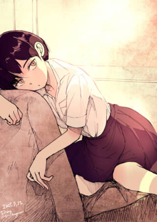 床に座る女子学生のイラスト。