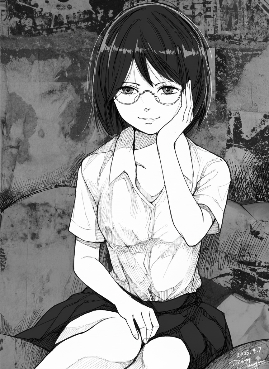 メガネの少女が微笑むイラスト