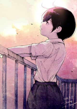 少女が夕日を見上げるシーン。