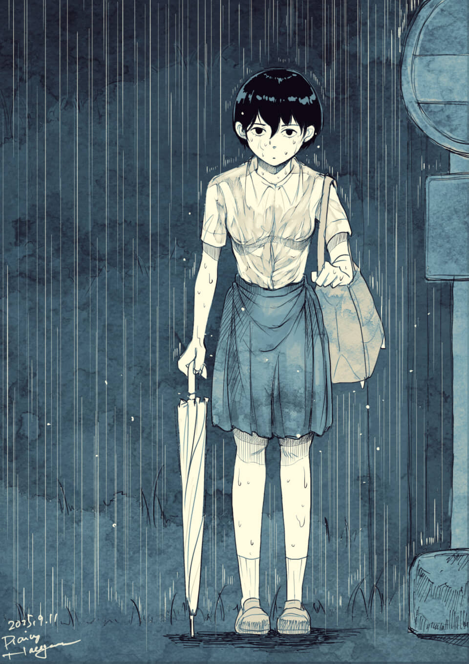 雨の中で立つ少女の絵
