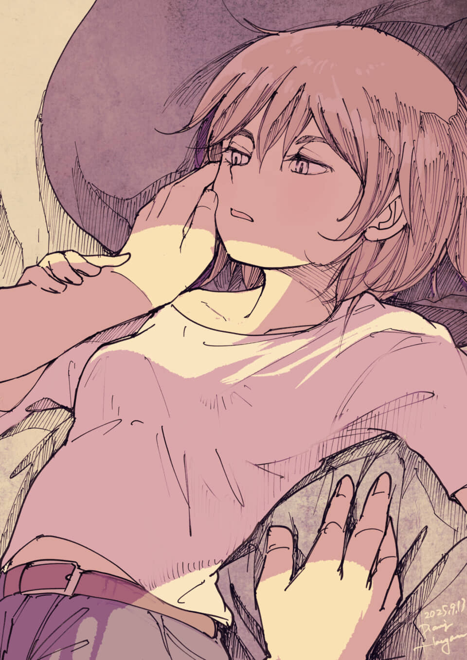 手を頬に添える人物のイラスト