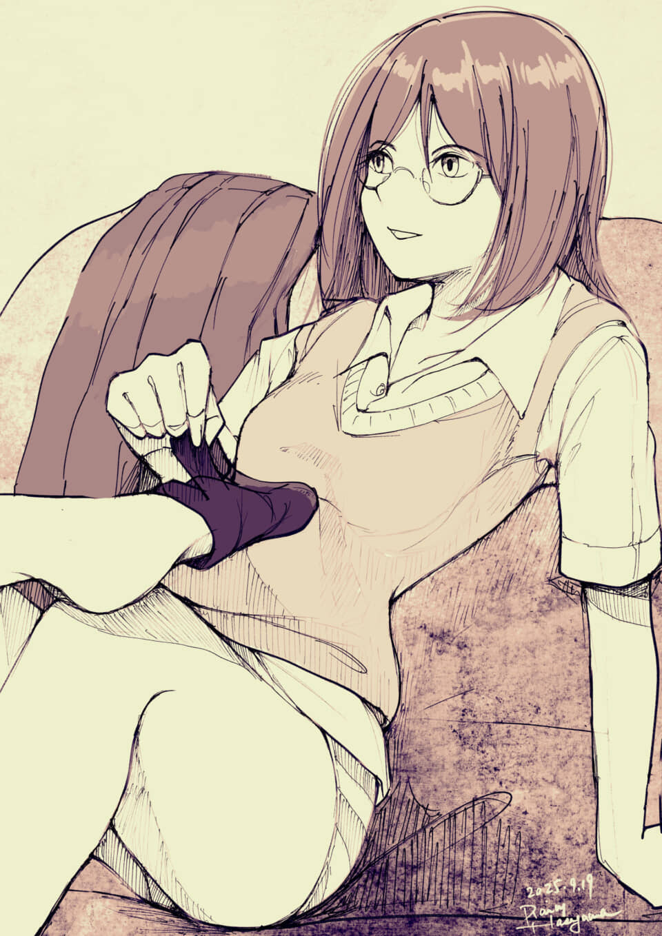 眼鏡の女性がくつろいでいるイラスト