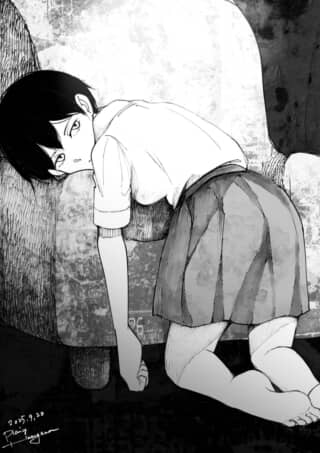 椅子に寄りかかる少女の絵。