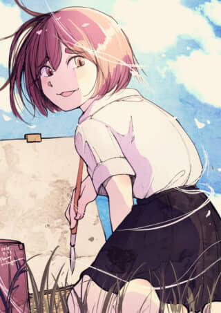 絵を描く少女、青空バックに。