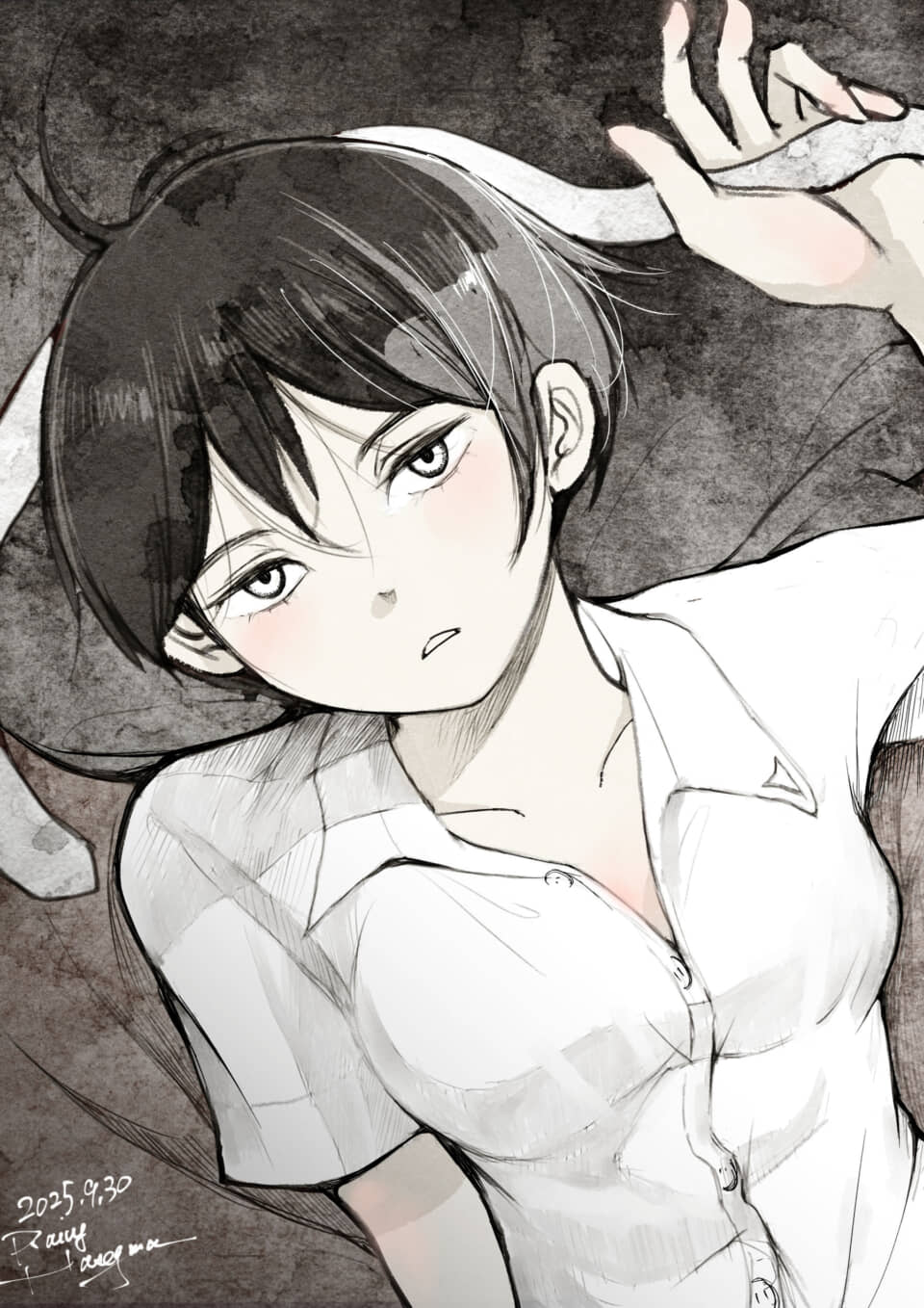ショート髪の年少女性のイラスト。