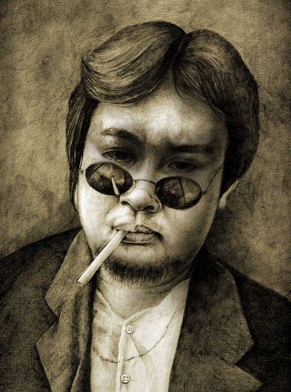 サングラスとタバコの男性肖像画。