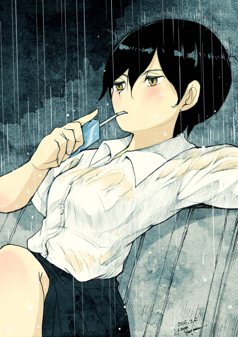 雨の中で休憩する女性。